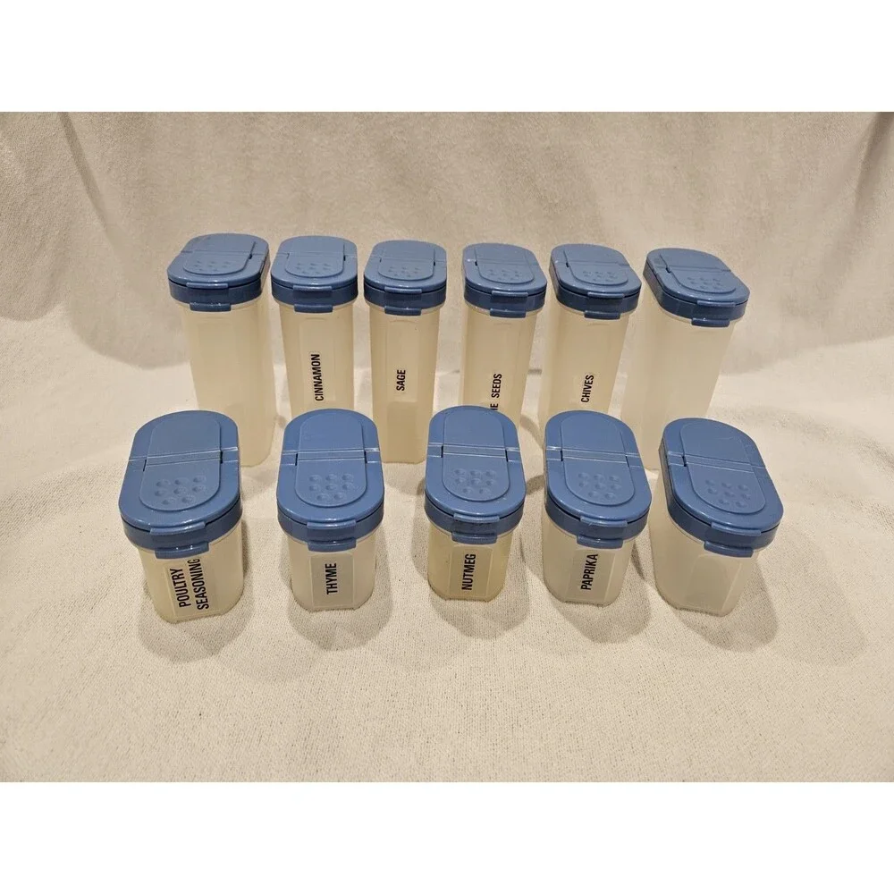 Vintage 11 pc Tupperware 1843 & 1846 Spice Shaker Craft Container Mates Blue Lid